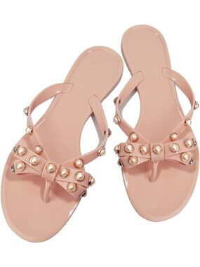 🆕Women's Nude Pink Rivet Flip Flops Studded Thong Sandals with Bow Flat Beach